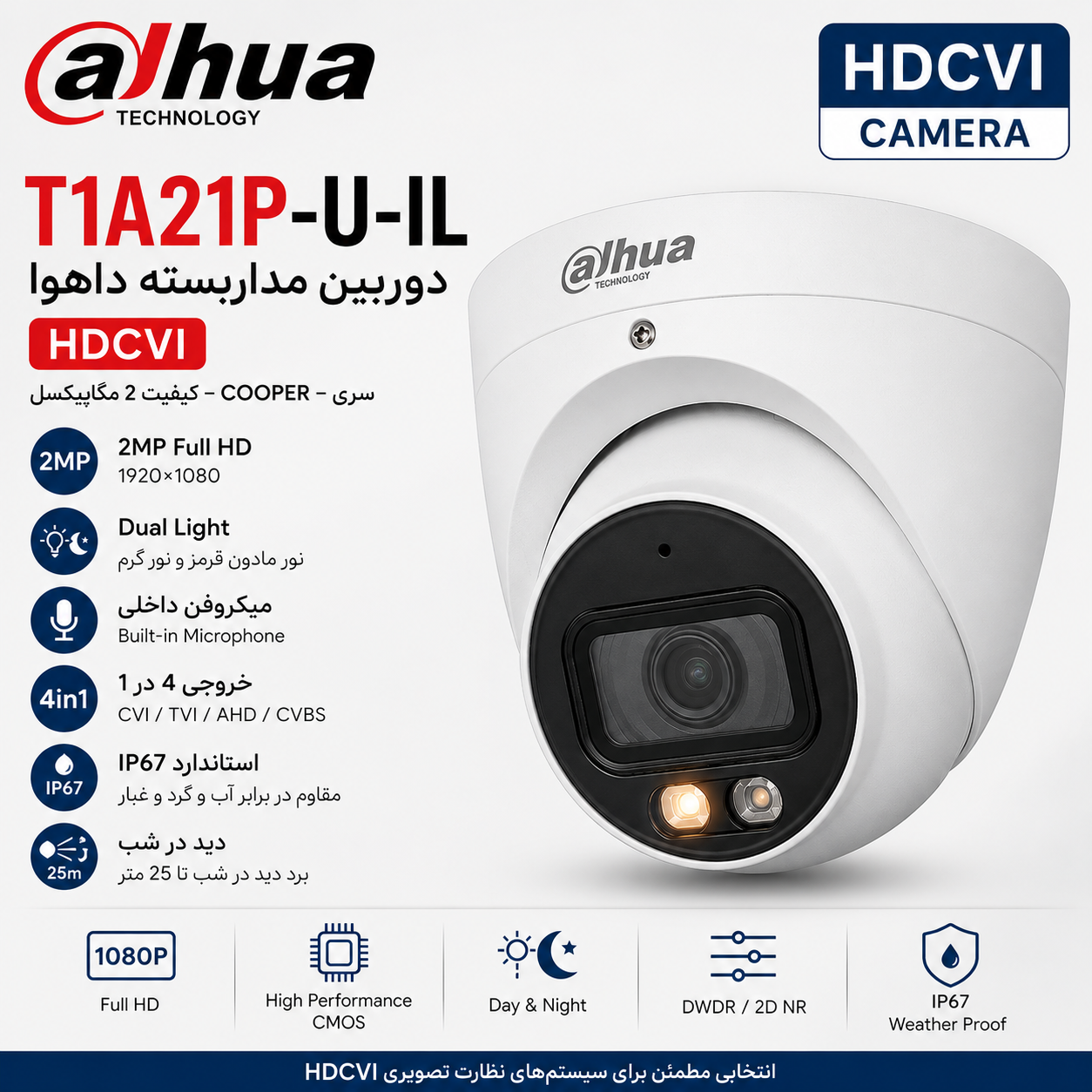 دوربین مداربسته داهوا T1A21P-U-IL | 2MP Dual Light 1 دوربین داهوا T1A21P-U-IL