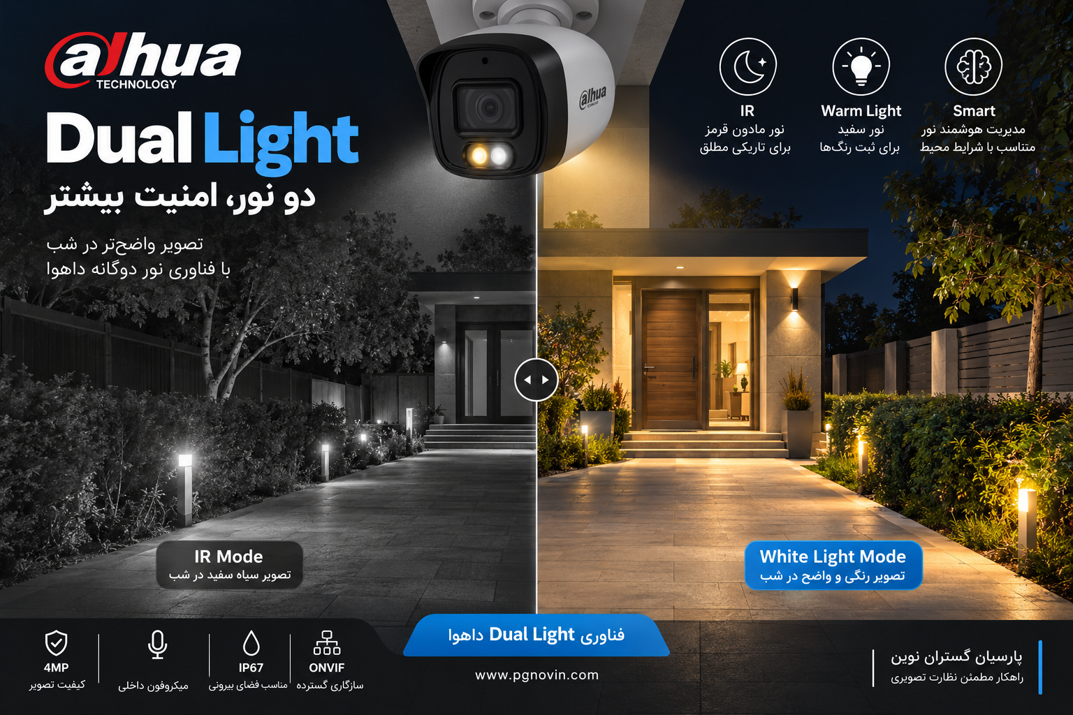 دوربین Dual Light داهوا و مقایسه دید در شب IR با نور سفید